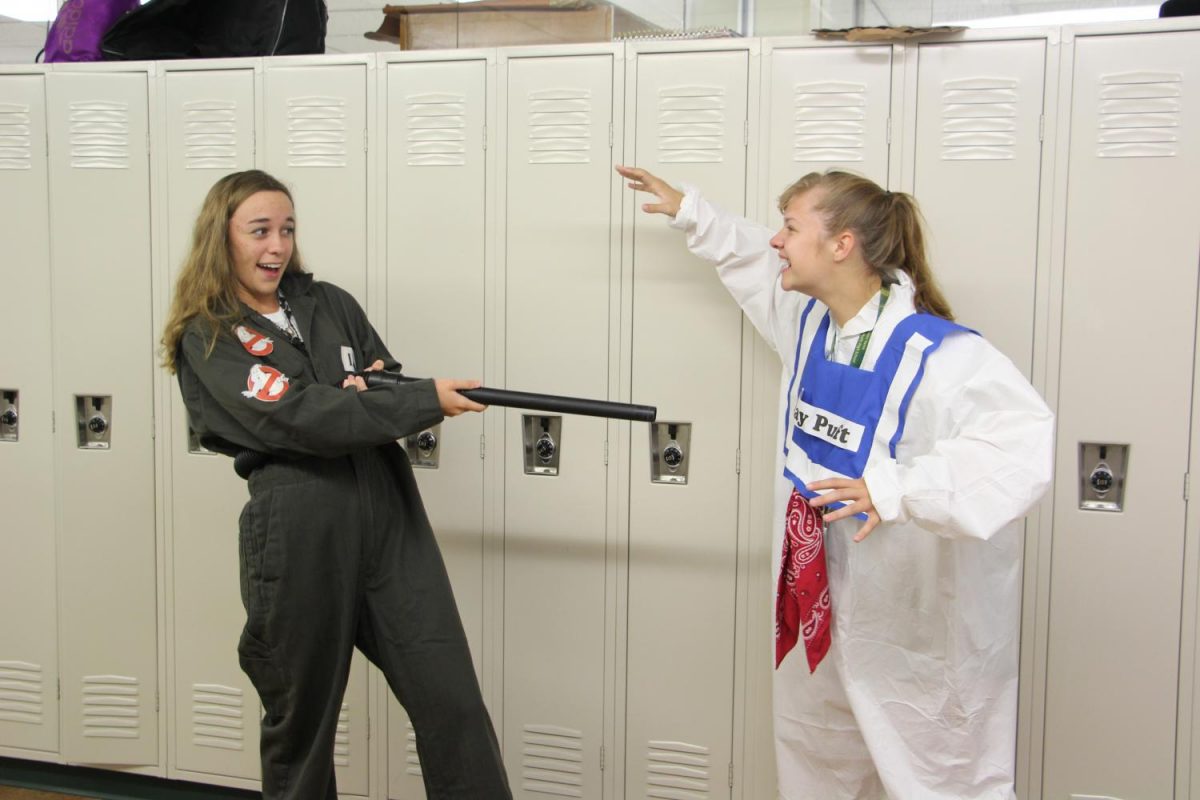 Seniors Abby Leis and Kayla Teter dress as characters of the movie Ghostbusters.
