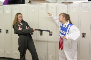 Seniors Abby Leis and Kayla Teter dress as characters of the movie
