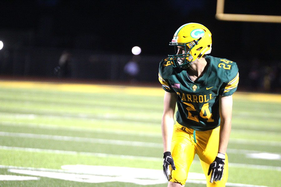 Senior wideout Brady Pacha lines up during the victory over Great Bend. KMC is up next. Photo by Grace Mernagh. 