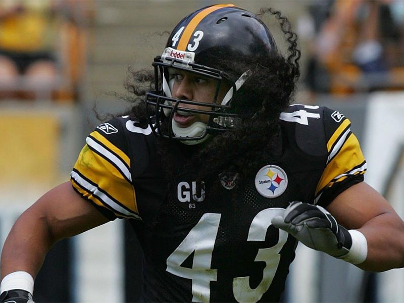 A young defensive player of the year Troy Polamalu setting himself up to make a routine game changing play in the mid 2000s 